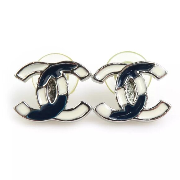 Auth CHANEL CC Logo Pierce Earrings Silver Navy/White
